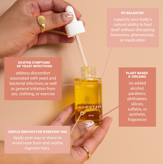 Momotaro Apotheca tonic, ph balanced, plant based and organic, soothe sympthoms of yeast infections, gentle enough for everyday use.