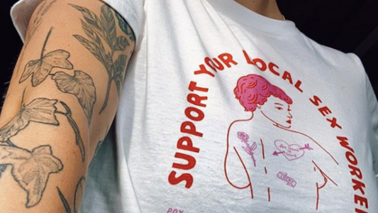 How to Treat and Hire A Sex Worker - Support Your Local Sex Worker Cropped TShirt Merch and Tattooed Arm