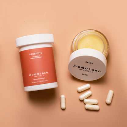 Salve and probiotic, and probiotic pills on color background