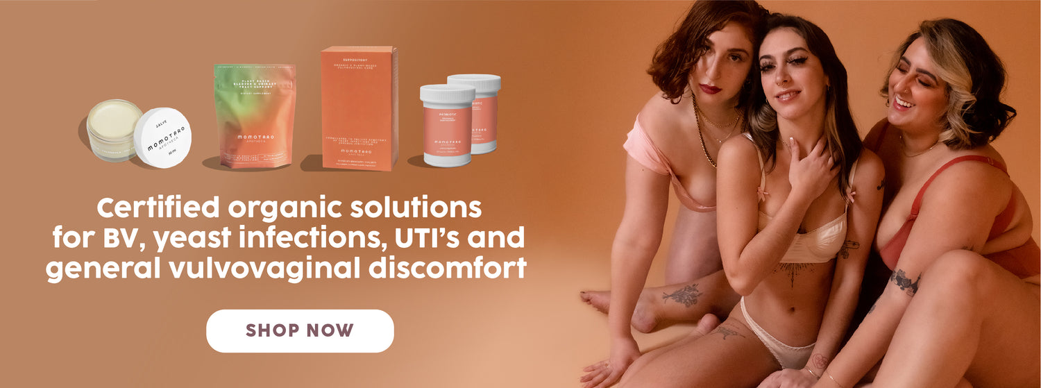 Certified organic solutions for BV, yeast infections, UTI's and general vulvovaginal discomfort. - 3 women smiling. 