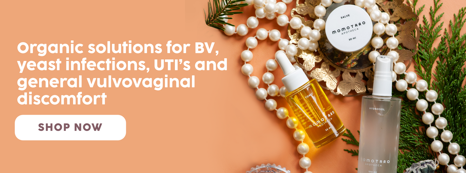Organic Solutions for BV, yeast infections, UTIs and general vulvovaginal discomfort. Tonic, Hyrdrosol and Salve on orange background.