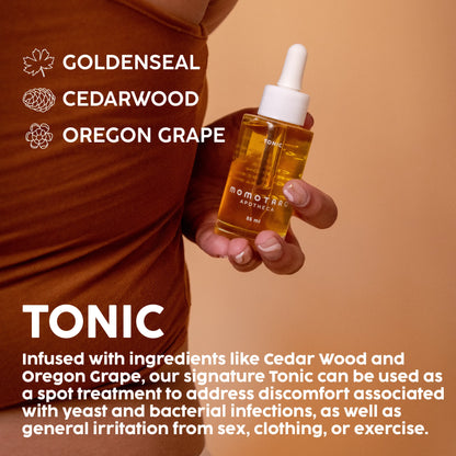 Tonic in hand. Ingredients include goldenseal, cedarwood, oregon grape. 
