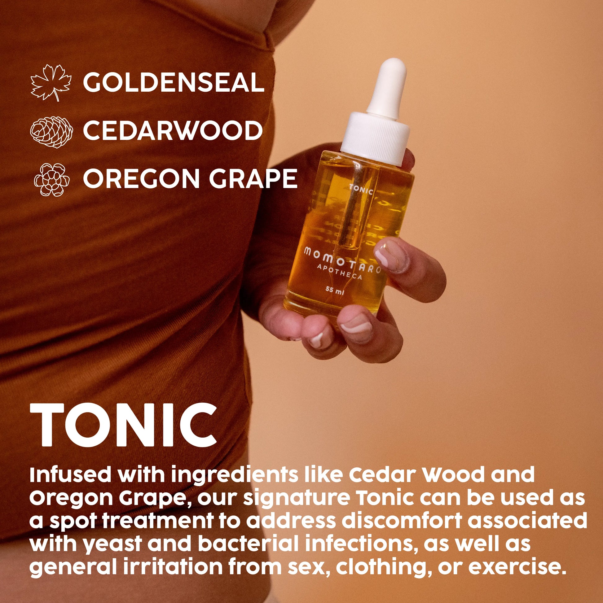 Tonic in hand. Ingredients include goldenseal, cedarwood, oregon grape. 