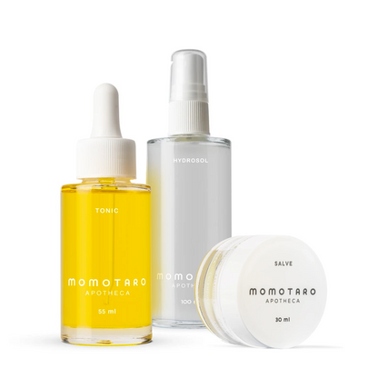 Momotaro Trio with white background. salve, tonic, hydrosol