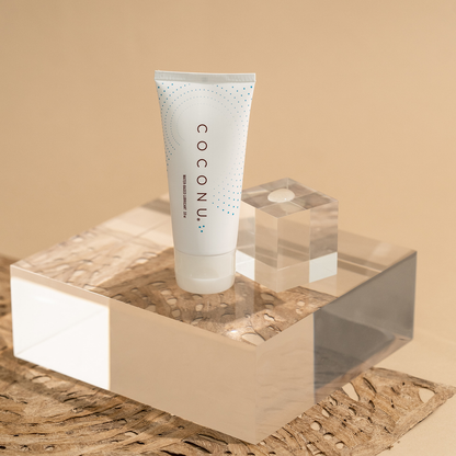 coconu on a clear glass stand